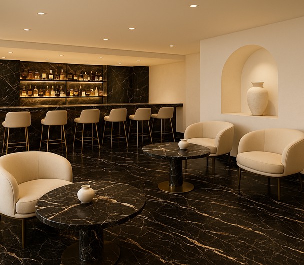 pavimento, tavolini e rivestimento in marmo Noir Saint Laurent